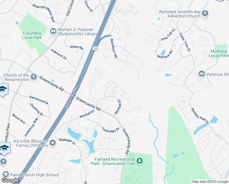 map of restaurants, bars, coffee shops, grocery stores, and more near 3733 Amsterdam Terrace in Burtonsville