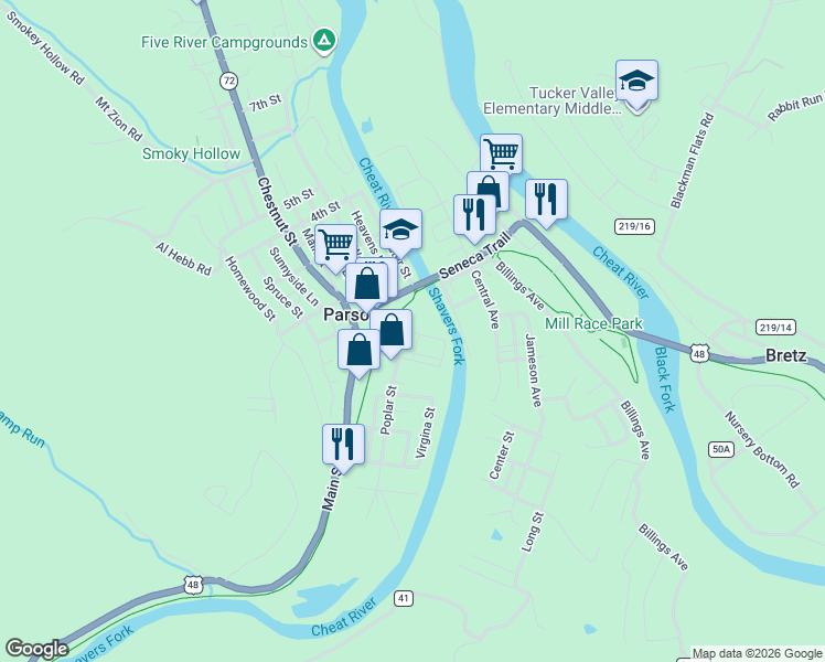 map of restaurants, bars, coffee shops, grocery stores, and more near in Parsons