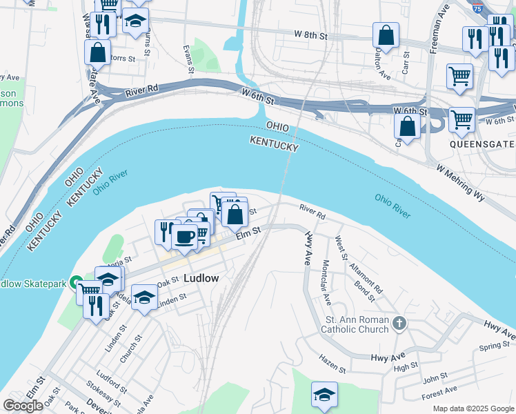 map of restaurants, bars, coffee shops, grocery stores, and more near 32 Ash Street in Ludlow