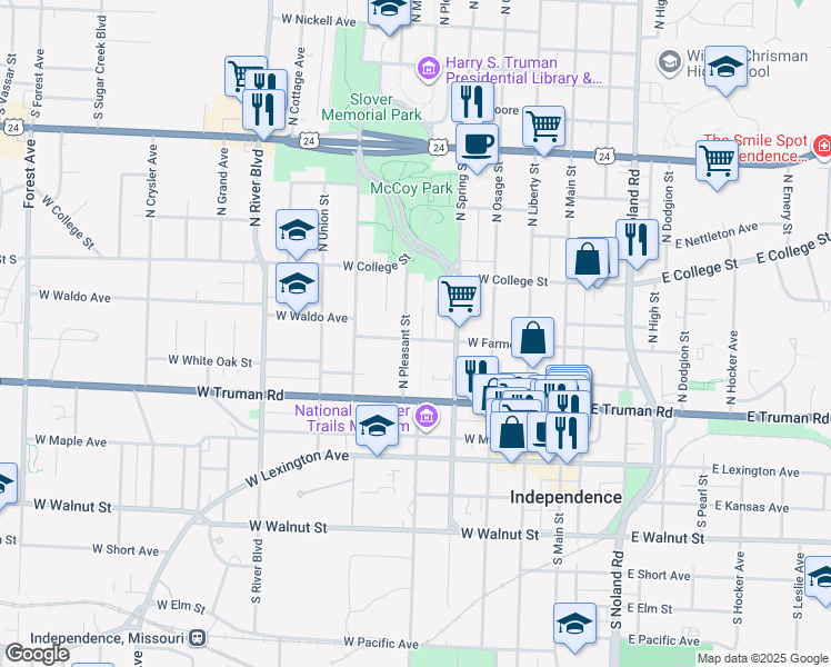 map of restaurants, bars, coffee shops, grocery stores, and more near 502 North Pleasant Street in Independence