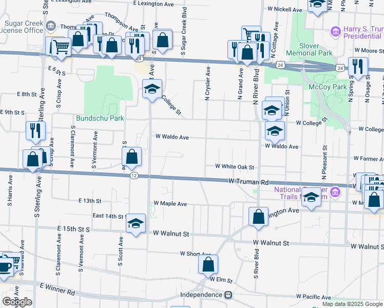map of restaurants, bars, coffee shops, grocery stores, and more near 412 North Crysler Avenue in Independence