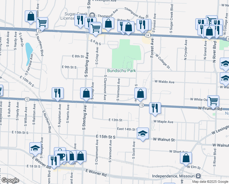 map of restaurants, bars, coffee shops, grocery stores, and more near 11312 East Peery Street in Independence