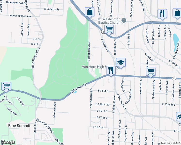map of restaurants, bars, coffee shops, grocery stores, and more near 1105 South Brookside Avenue in Independence