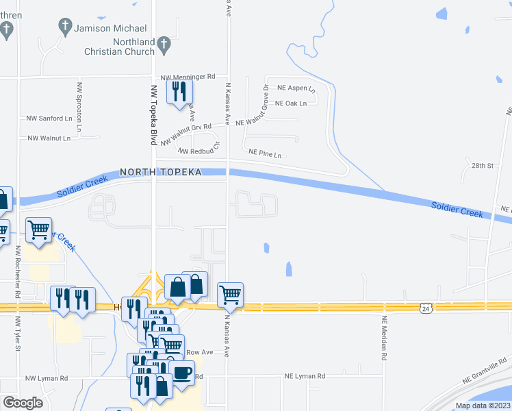 map of restaurants, bars, coffee shops, grocery stores, and more near 172 Coachlight Drive in Topeka