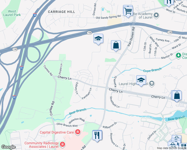 map of restaurants, bars, coffee shops, grocery stores, and more near 14907 First Baptist Lane in Laurel