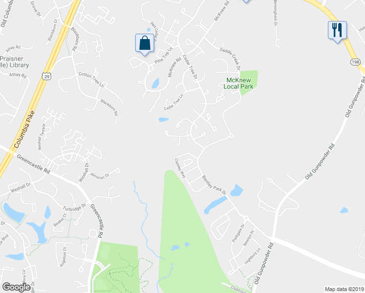 map of restaurants, bars, coffee shops, grocery stores, and more near 15 Crosswood Court in Burtonsville
