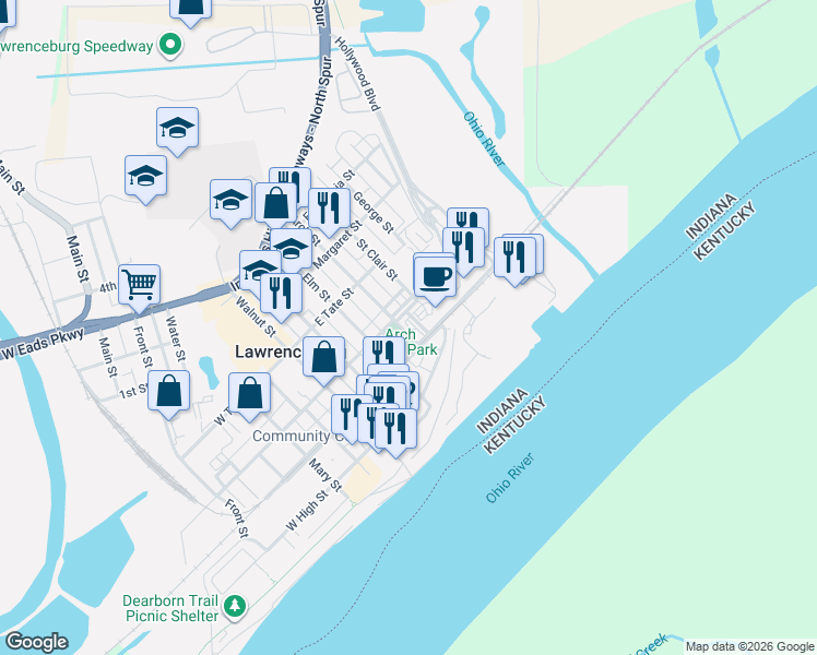 map of restaurants, bars, coffee shops, grocery stores, and more near 224 Arch Street in Lawrenceburg