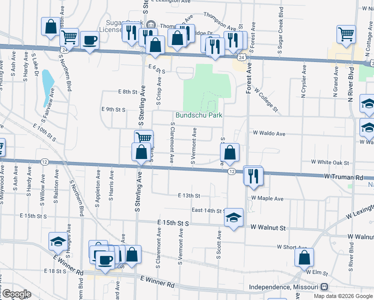 map of restaurants, bars, coffee shops, grocery stores, and more near 11312 East Peery Street in Independence