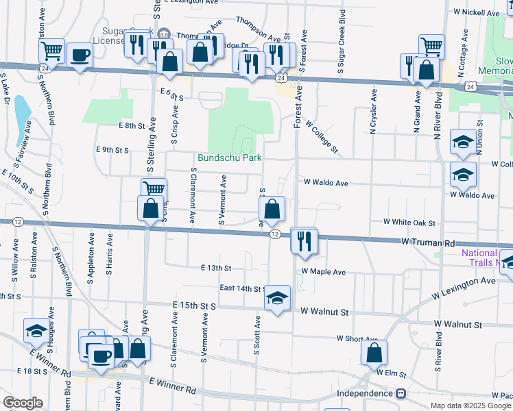 map of restaurants, bars, coffee shops, grocery stores, and more near 1112 South Scott Avenue in Independence