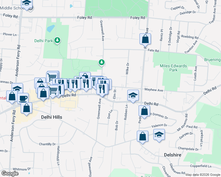 map of restaurants, bars, coffee shops, grocery stores, and more near 4819 Mayhew Avenue in Cincinnati