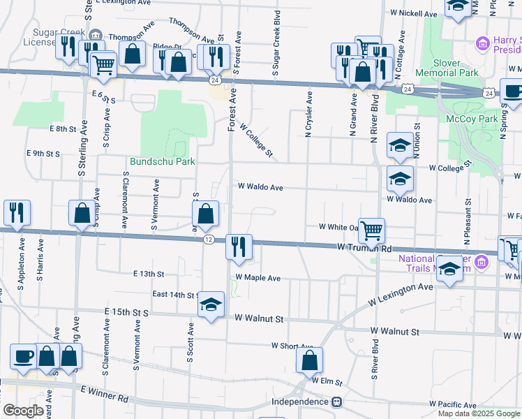 map of restaurants, bars, coffee shops, grocery stores, and more near 1500 West White Oak Street in Independence