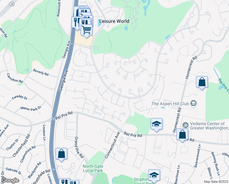 map of restaurants, bars, coffee shops, grocery stores, and more near 3569 South Leisure World Boulevard in Silver Spring