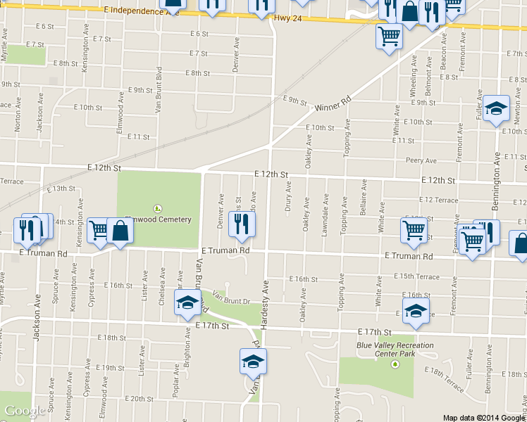 map of restaurants, bars, coffee shops, grocery stores, and more near 1246 Hardesty Avenue in Kansas City