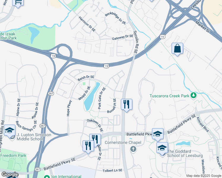 map of restaurants, bars, coffee shops, grocery stores, and more near Hope Parkway in Leesburg