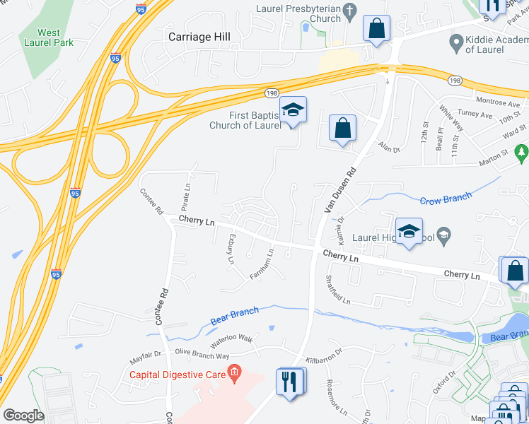 map of restaurants, bars, coffee shops, grocery stores, and more near 7342 Breckenridge Street in Laurel