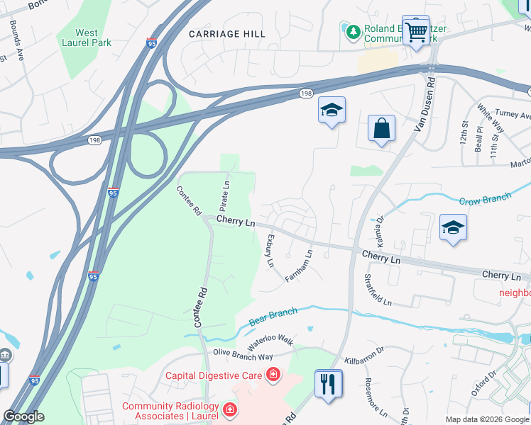 map of restaurants, bars, coffee shops, grocery stores, and more near 7205 Archsine Lane in Laurel