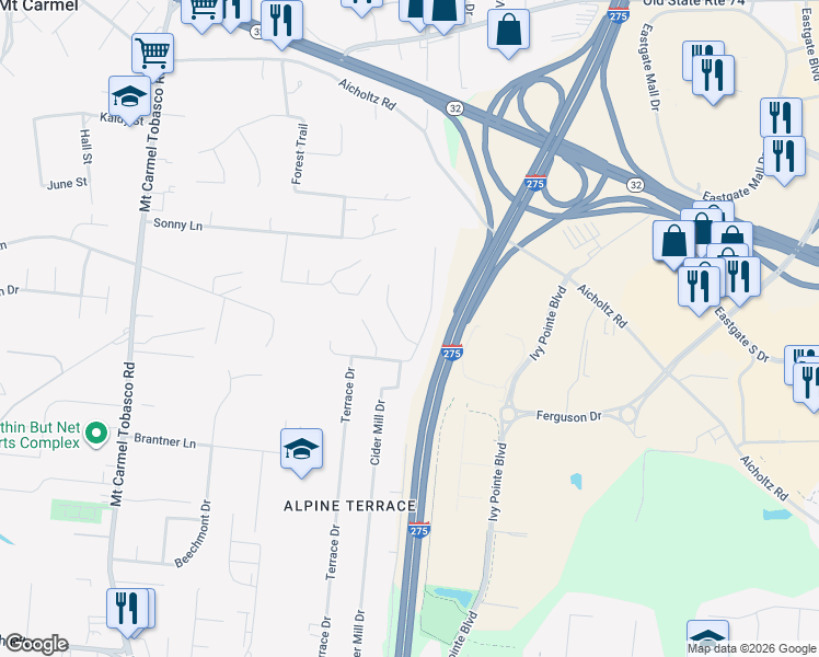map of restaurants, bars, coffee shops, grocery stores, and more near 4432 Happiness Ln in Cincinnati