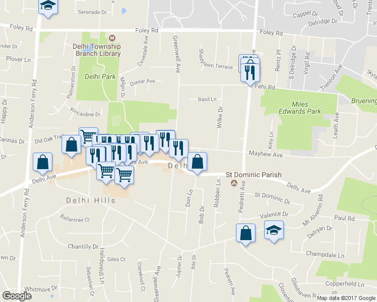 map of restaurants, bars, coffee shops, grocery stores, and more near 4819 Mayhew Avenue in Cincinnati