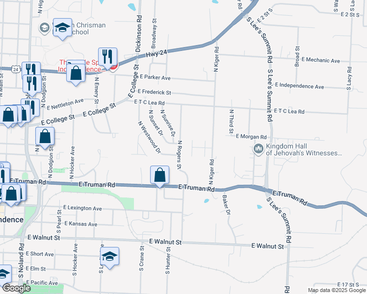 map of restaurants, bars, coffee shops, grocery stores, and more near 505 N Rogers St in Independence