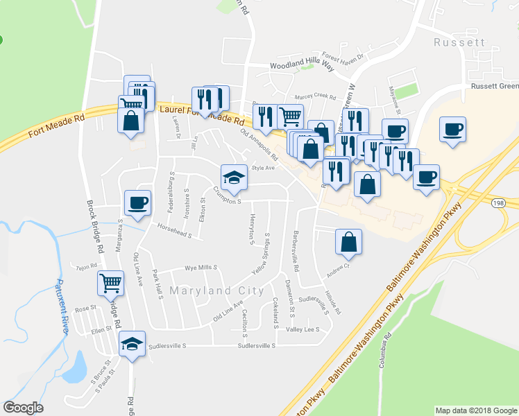 map of restaurants, bars, coffee shops, grocery stores, and more near 454 Henryton South in Laurel