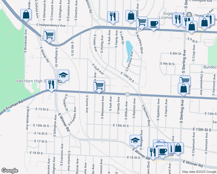 map of restaurants, bars, coffee shops, grocery stores, and more near 1100 South Ash Avenue in Independence