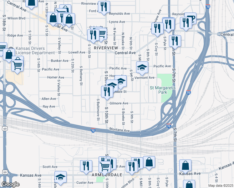 map of restaurants, bars, coffee shops, grocery stores, and more near 295 South 10th Street in Kansas City