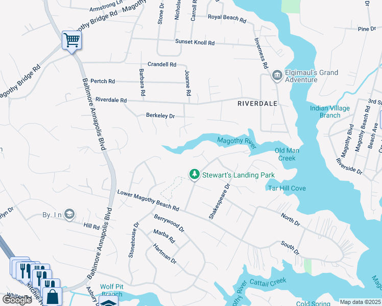 map of restaurants, bars, coffee shops, grocery stores, and more near 276 Capote Court West in Severna Park