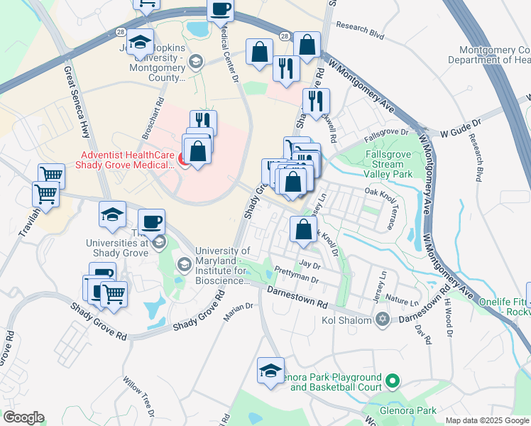 map of restaurants, bars, coffee shops, grocery stores, and more near 102 Fallsgrove Boulevard in Rockville