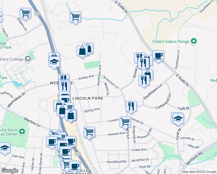 map of restaurants, bars, coffee shops, grocery stores, and more near 138 Moore Drive in Rockville