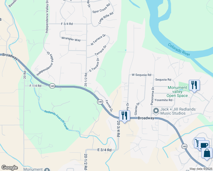 map of restaurants, bars, coffee shops, grocery stores, and more near 624 Tamarack Lane in Grand Junction