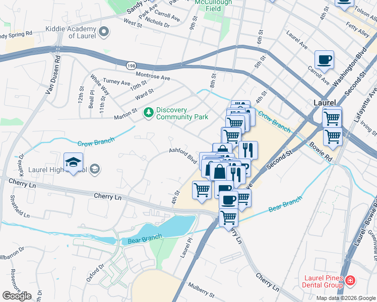 map of restaurants, bars, coffee shops, grocery stores, and more near 15003 Wheatland Place in Laurel