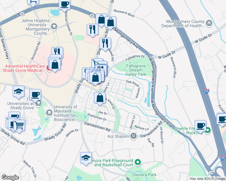 map of restaurants, bars, coffee shops, grocery stores, and more near 910 Oak Knoll Terrace in Rockville