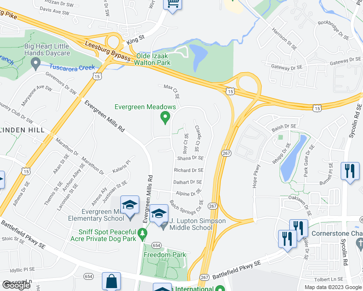 map of restaurants, bars, coffee shops, grocery stores, and more near 107 Roy Court Southeast in Leesburg
