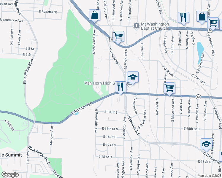 map of restaurants, bars, coffee shops, grocery stores, and more near 1144 South Glenwood Avenue in Independence