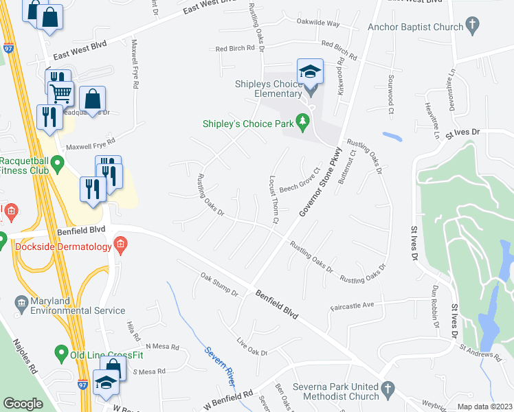 map of restaurants, bars, coffee shops, grocery stores, and more near 309 Blue Cedar Court in Millersville
