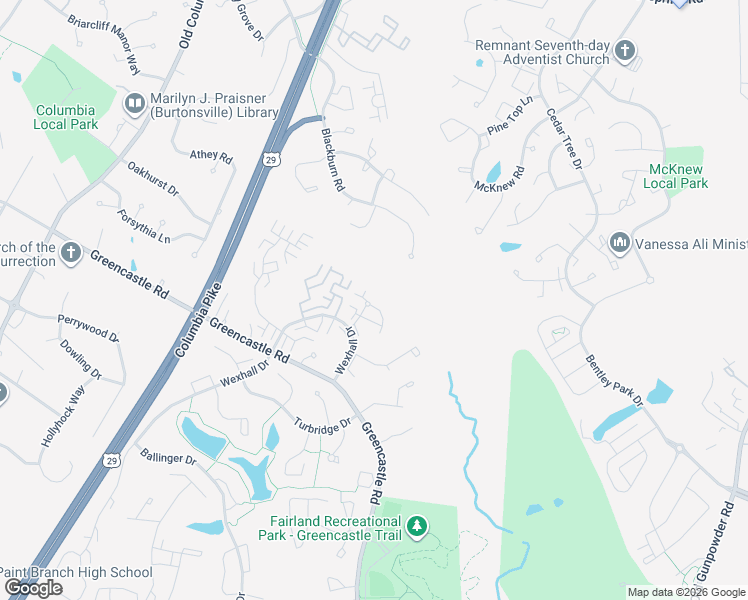 map of restaurants, bars, coffee shops, grocery stores, and more near 3677 Silver Spruce Circle in Burtonsville
