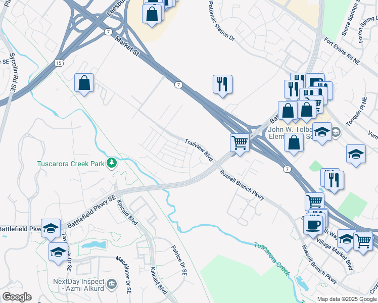 map of restaurants, bars, coffee shops, grocery stores, and more near 124 Petite Sirah Terrace Southeast in Leesburg