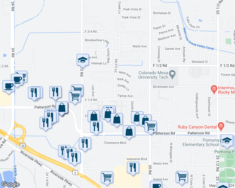 map of restaurants, bars, coffee shops, grocery stores, and more near 2476 Tiptop Avenue in Grand Junction