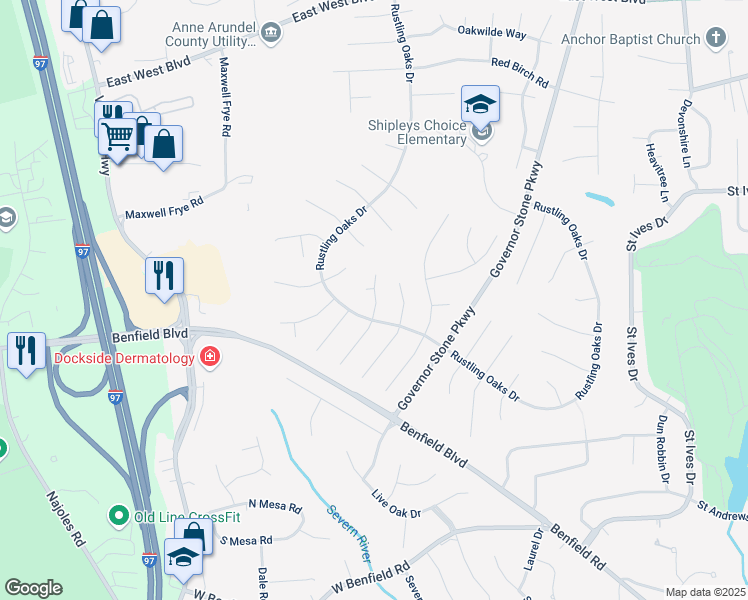 map of restaurants, bars, coffee shops, grocery stores, and more near 309 Willow Run Court in Millersville