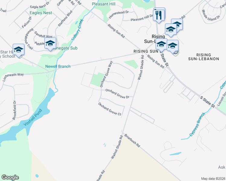 map of restaurants, bars, coffee shops, grocery stores, and more near 124 Orchard Grove Way in Rising Sun-Lebanon
