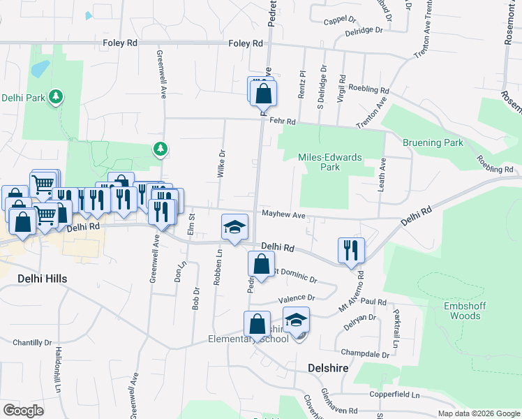 map of restaurants, bars, coffee shops, grocery stores, and more near 4511 Mayhew Avenue in Cincinnati
