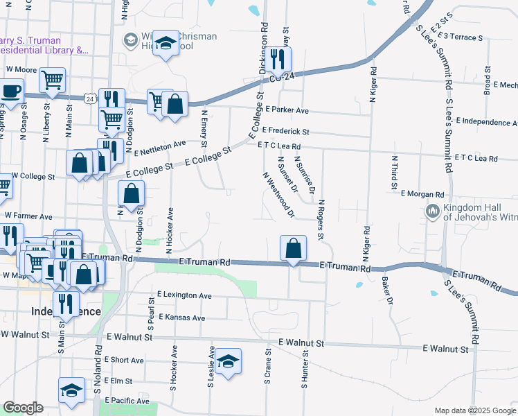 map of restaurants, bars, coffee shops, grocery stores, and more near 604 North Westwood Court in Independence