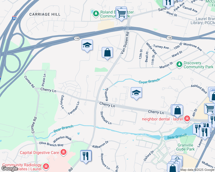 map of restaurants, bars, coffee shops, grocery stores, and more near 7610 Woodruff Court in Laurel