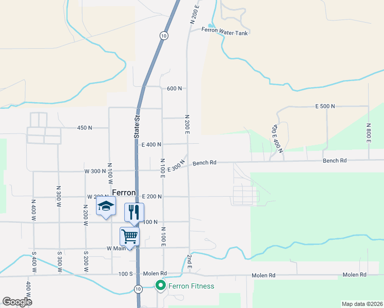 map of restaurants, bars, coffee shops, grocery stores, and more near 350 North 200 East in Ferron