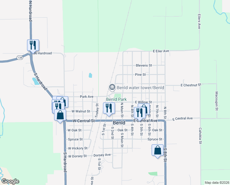 map of restaurants, bars, coffee shops, grocery stores, and more near 213 East Locust Street in Benld