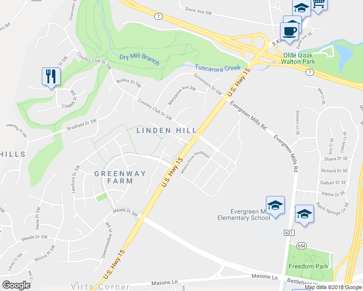 map of restaurants, bars, coffee shops, grocery stores, and more near 5 Linden Hill Way Southwest in Leesburg
