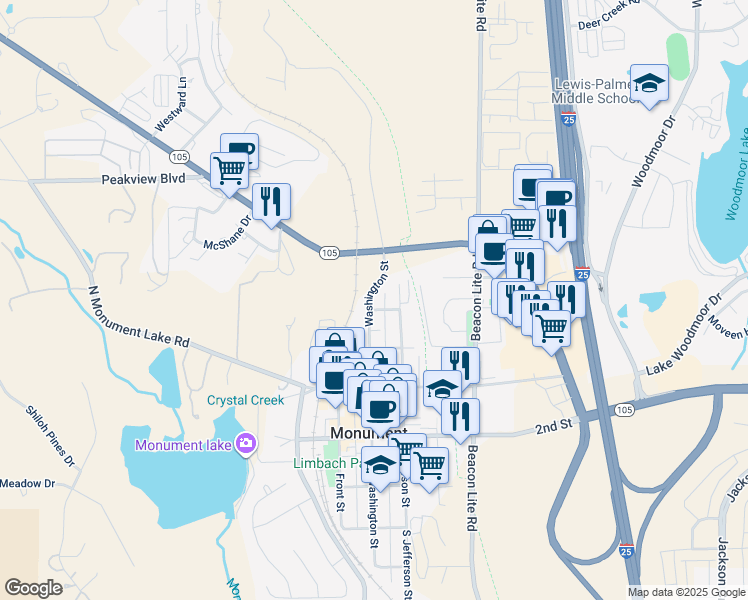 map of restaurants, bars, coffee shops, grocery stores, and more near 111 5th Street in Monument