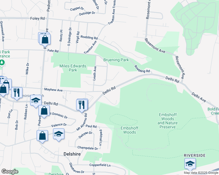 map of restaurants, bars, coffee shops, grocery stores, and more near 4162 Delhi Pike in Cincinnati