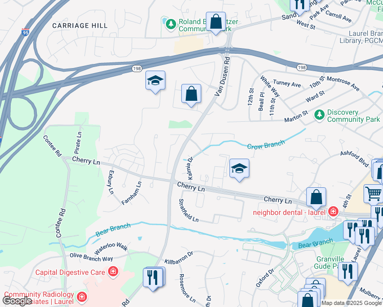 map of restaurants, bars, coffee shops, grocery stores, and more near 7610 Woodruff Court in Laurel