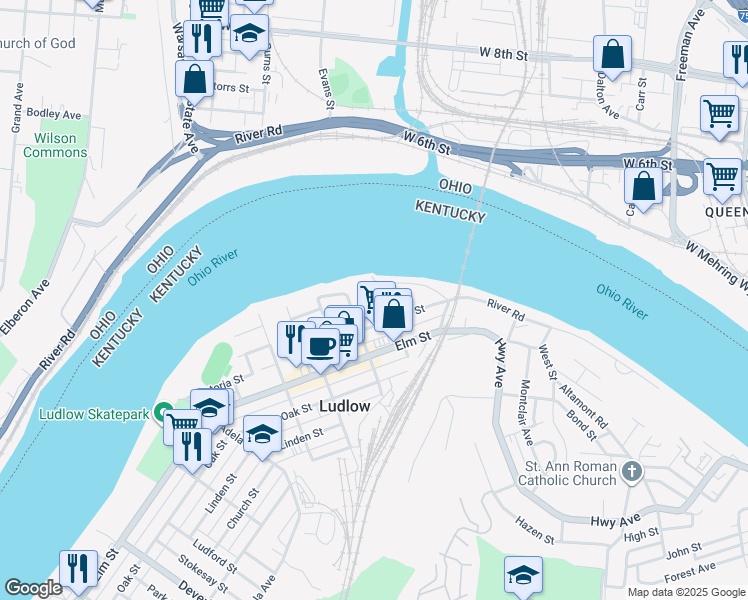 map of restaurants, bars, coffee shops, grocery stores, and more near 110 Hay Street in Ludlow